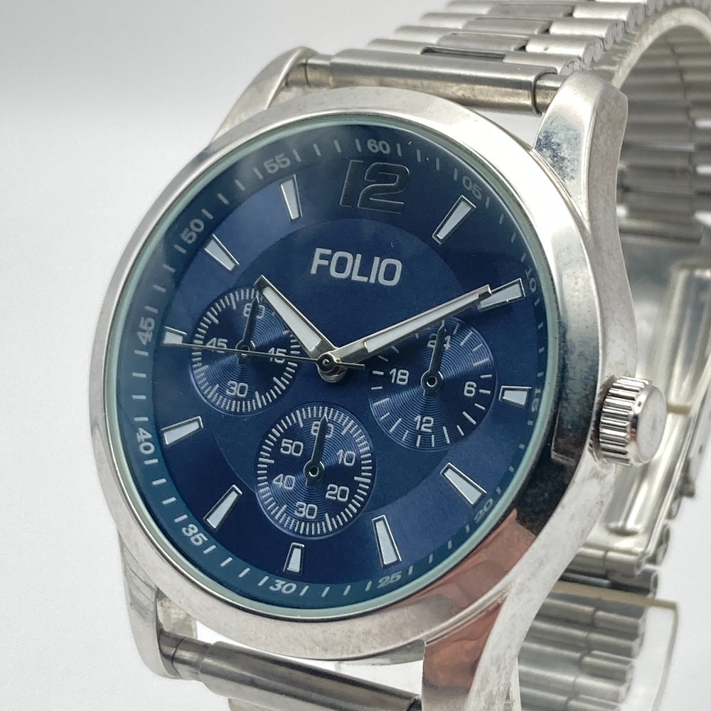 Folio Men's Watch 41mm Silver Tone Blue Dial Round New Battery 8"